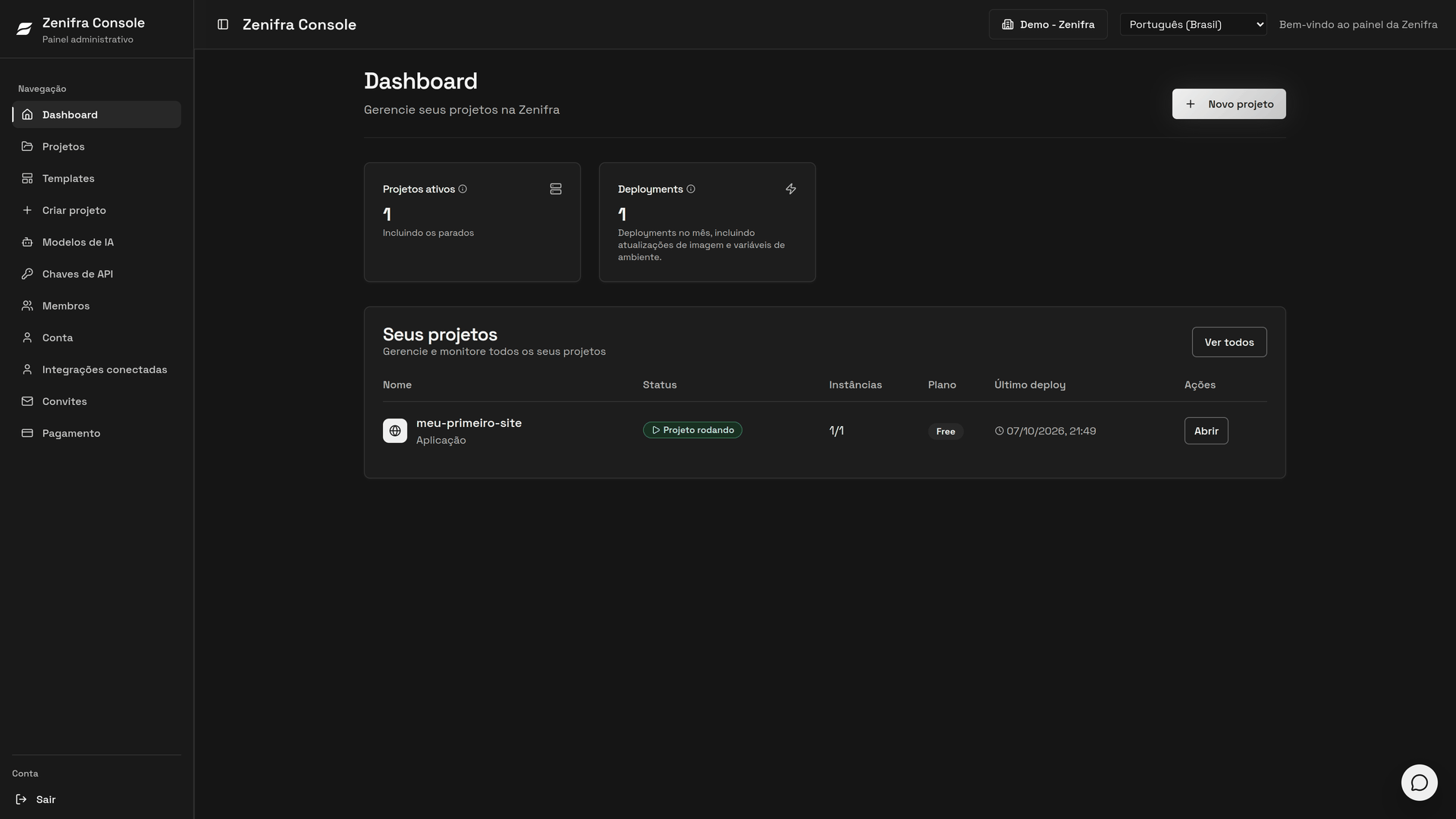 Zenifra Console - Painel de Projetos